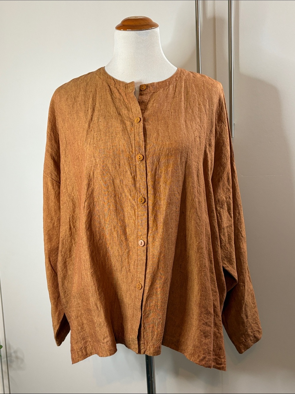 Eileen Fisher Goldenrod Orange Tan Button-Front Relaxed 100% Irish Linen Top M
